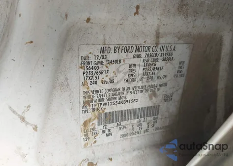 2004 Ford F-150 Lariat/Xlt z USA, uszkodzony, nr VIN 1FTPW12554KB91582